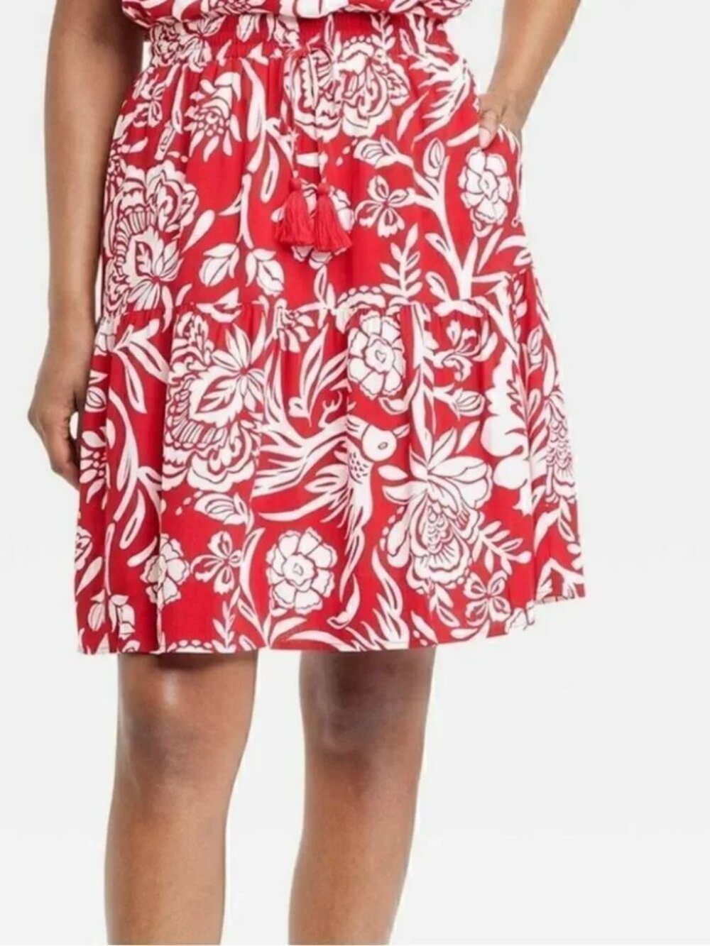 Knox Rose A-Line Mini- Tiered Tassel Rayon Skirt Red White Floral Size L